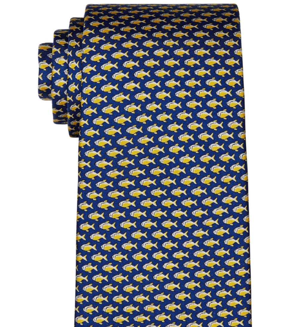 Gravata de seda Tommy Hilfiger Falmouth Classic Fish Print Masculina Azul Tamanho Regular