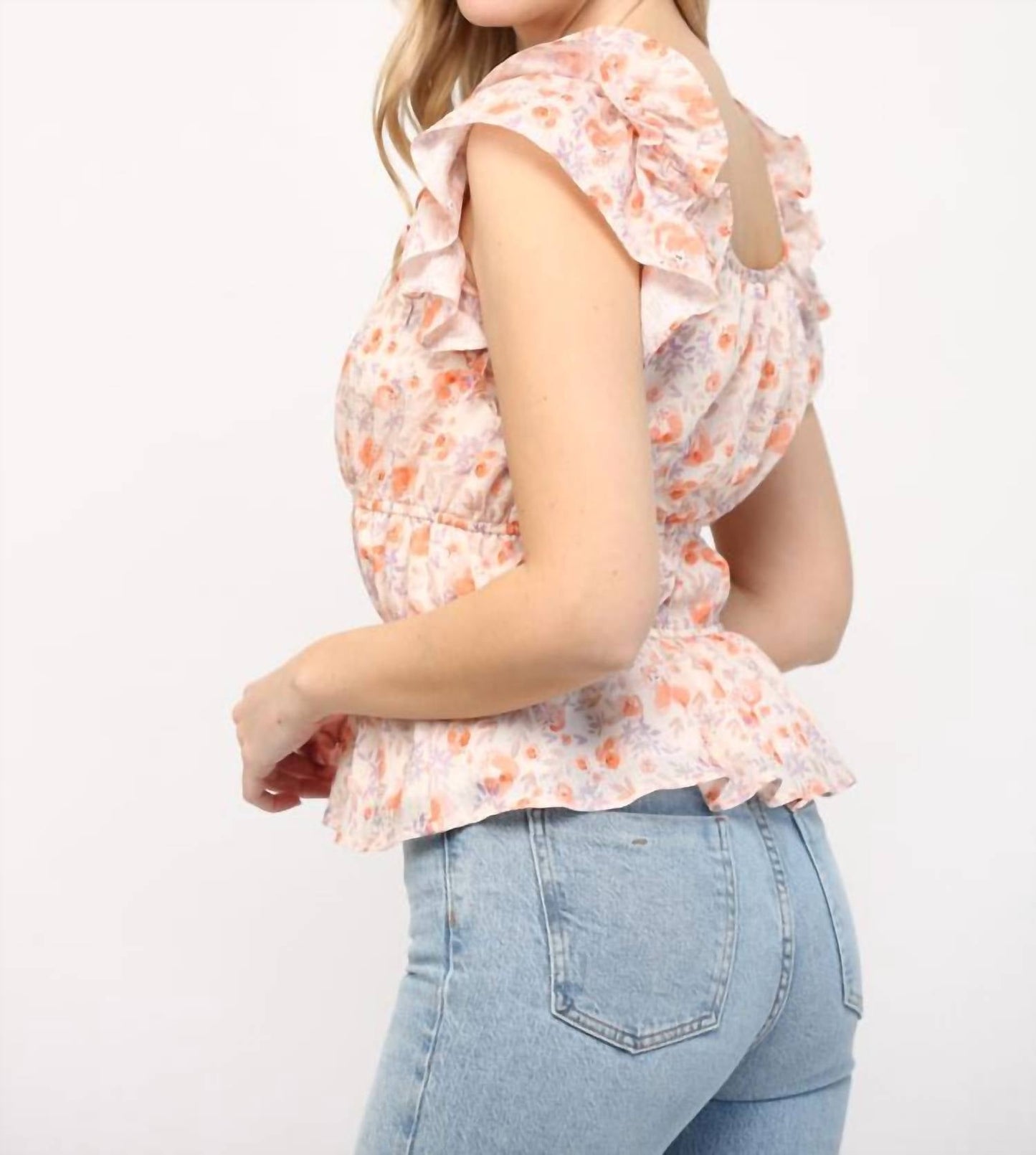 Fate - Flaunt Your Floral Gathered Waist Flutter Sleeve Top