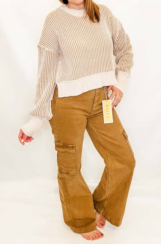 Risen - Calça Jeans Cargo de Cintura Alta e Bolso Largo