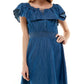 Vestido jeans de algodão infantil Planet Gold com ombros descobertos, tamanho médio, azul