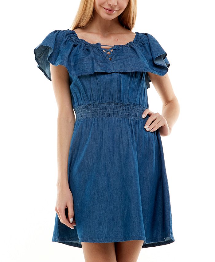 Vestido jeans de algodão infantil Planet Gold com ombros descobertos, tamanho médio, azul