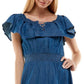 Vestido jeans de algodão infantil Planet Gold com ombros descobertos, tamanho médio, azul