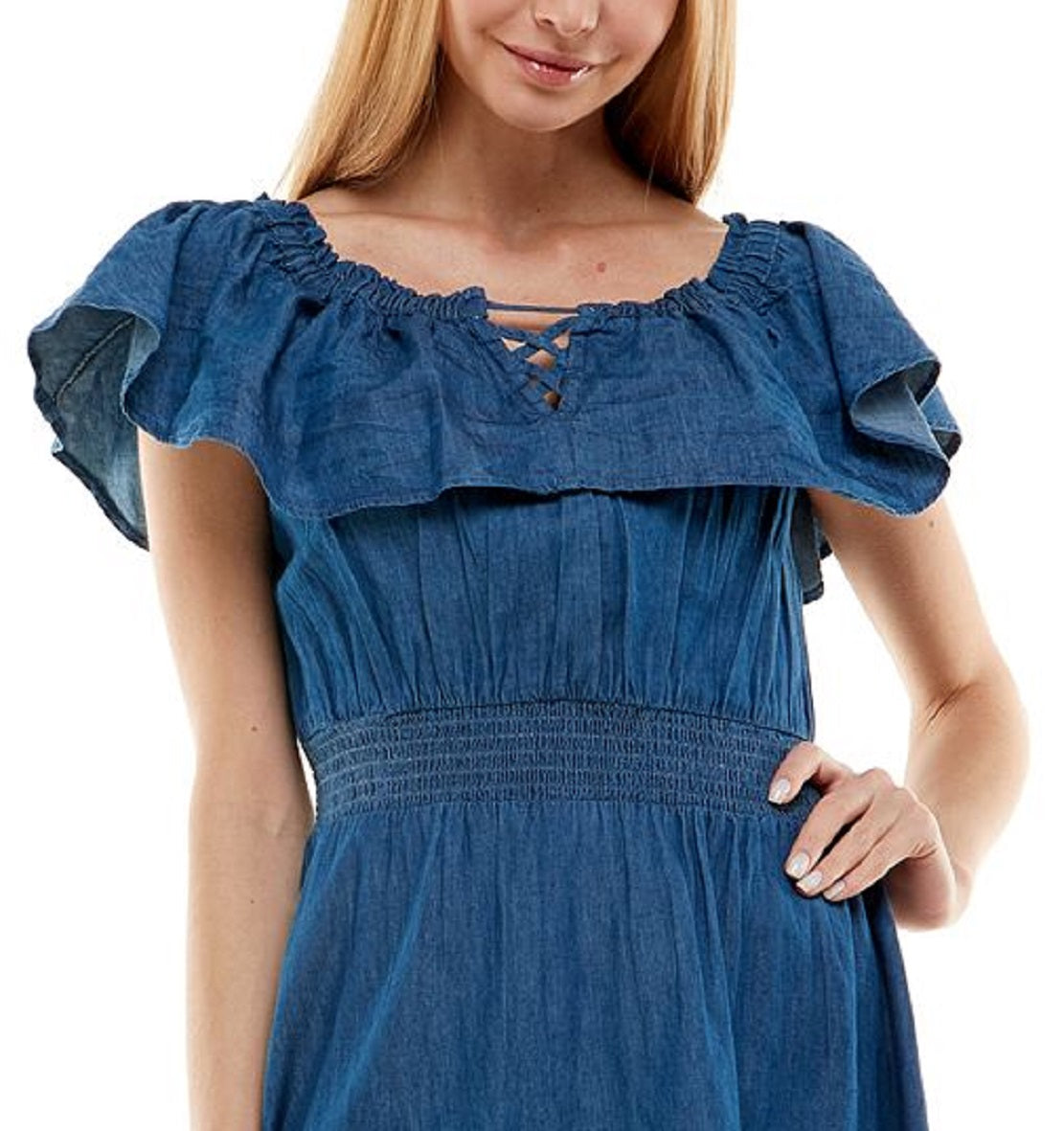Vestido jeans de algodão infantil Planet Gold com ombros descobertos, tamanho médio, azul