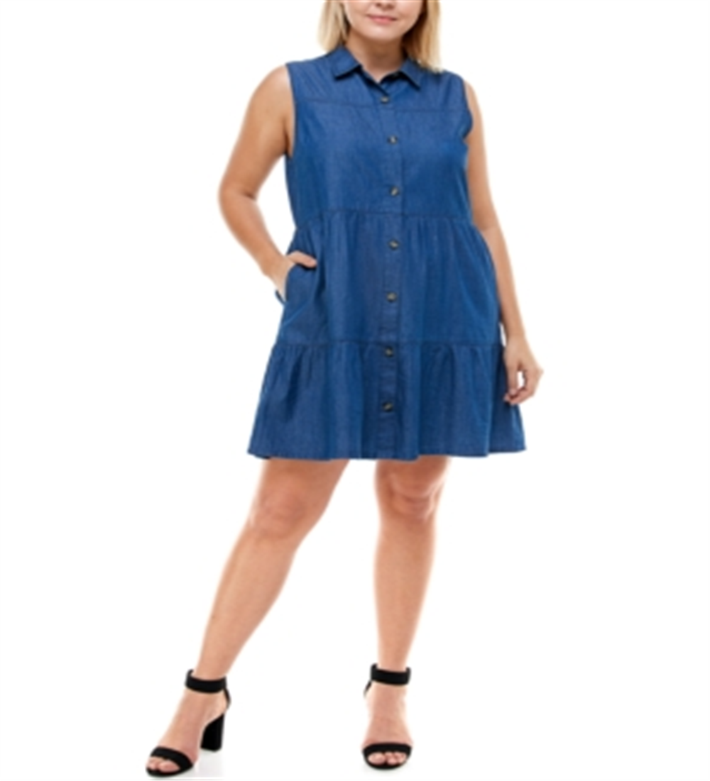 Vestido-camisa jeans de algodão plus size Planet Gold feminino, azul, tamanho 1X
