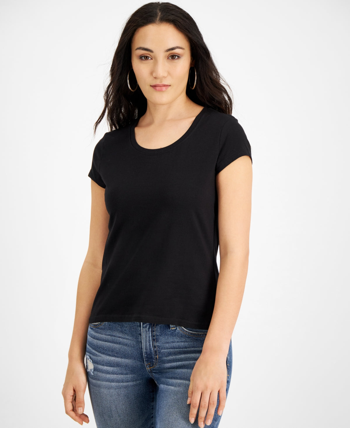 Camiseta feminina Jamie &amp; Layla com decote redondo e manga curta, preta, tamanho pequeno médio