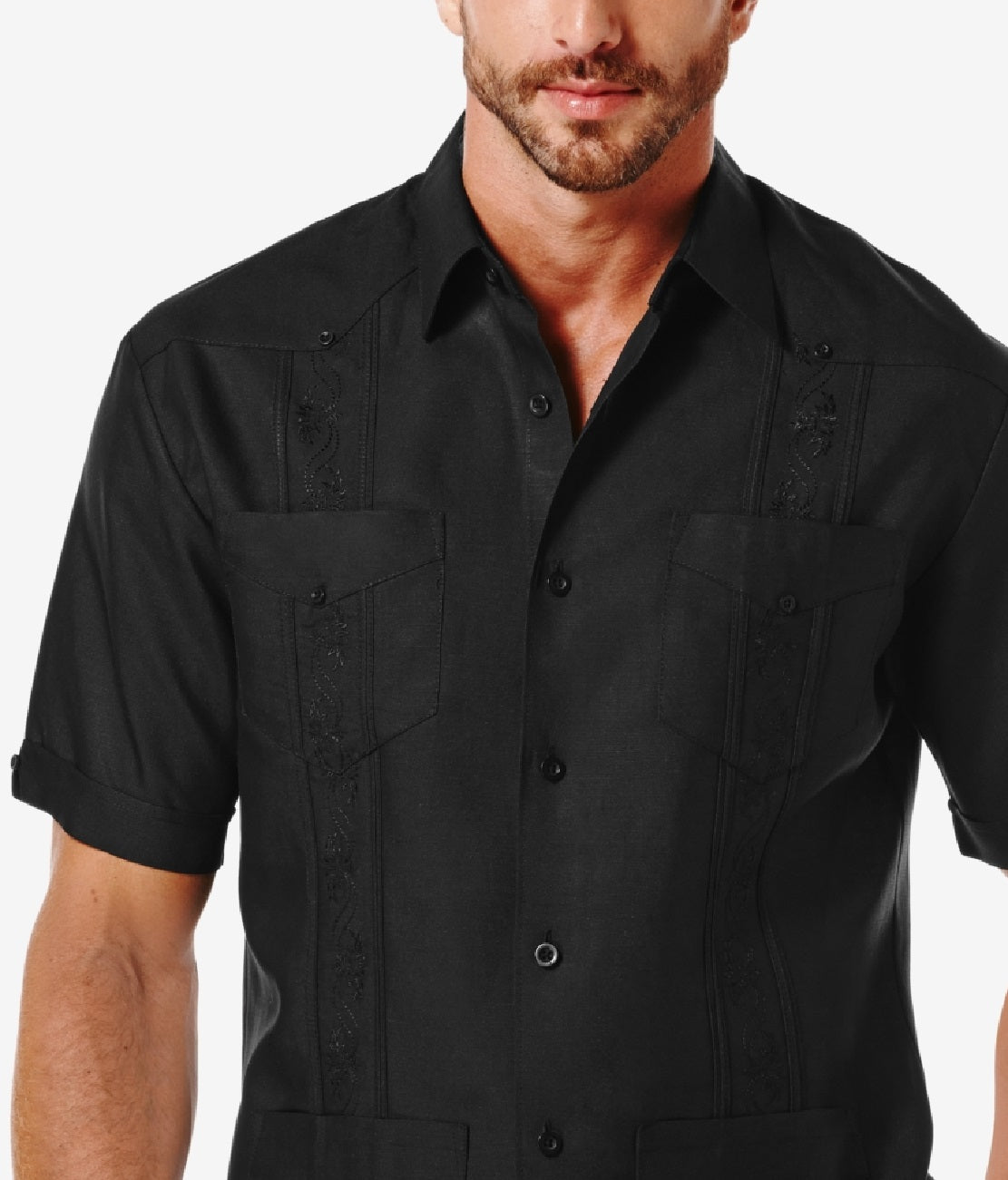 Camisa Guayabera Bordada Manga Curta Masculina Cubavera Preta Tamanho Médio