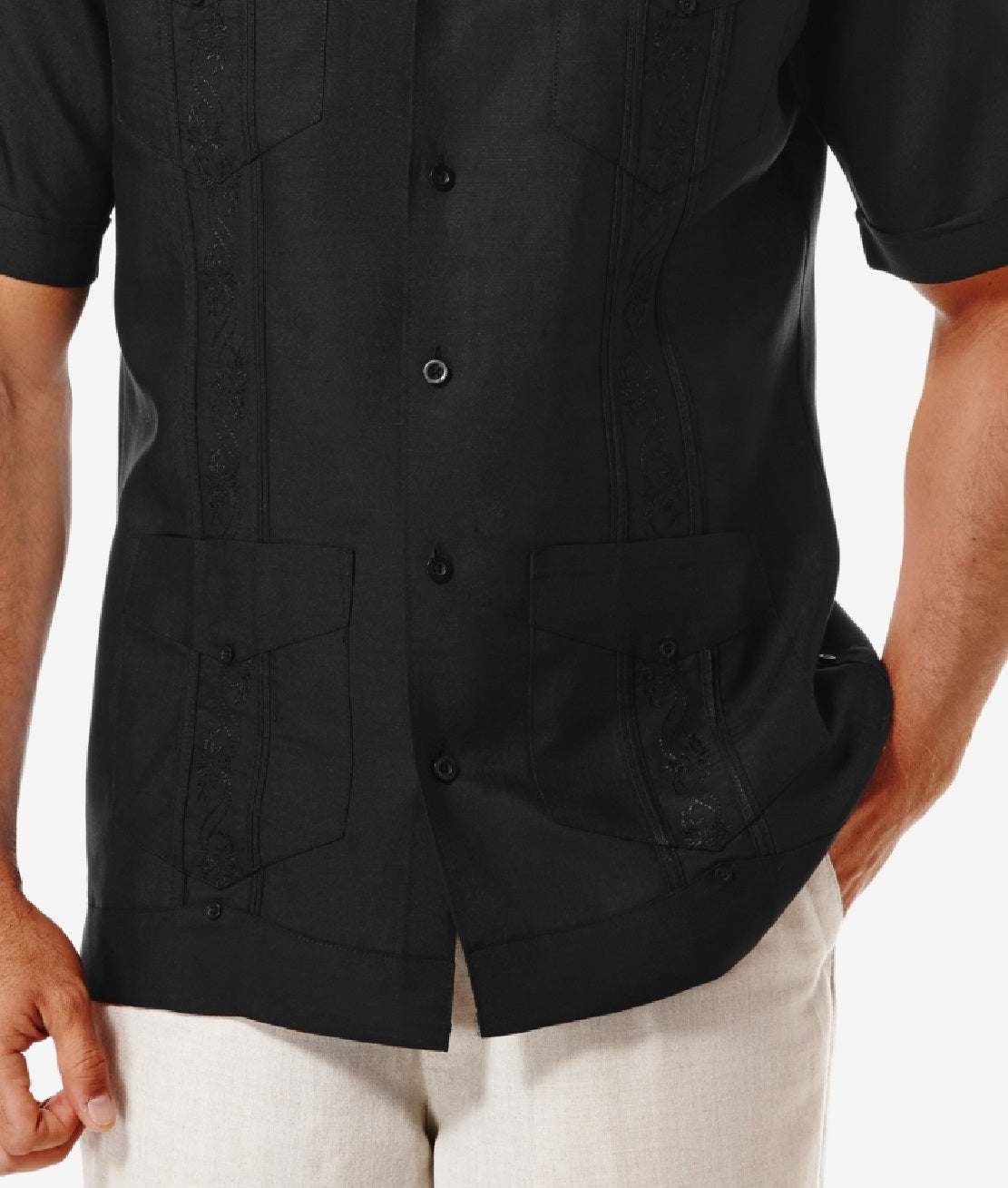Camisa Guayabera Bordada Manga Curta Masculina Cubavera Preta Tamanho Médio