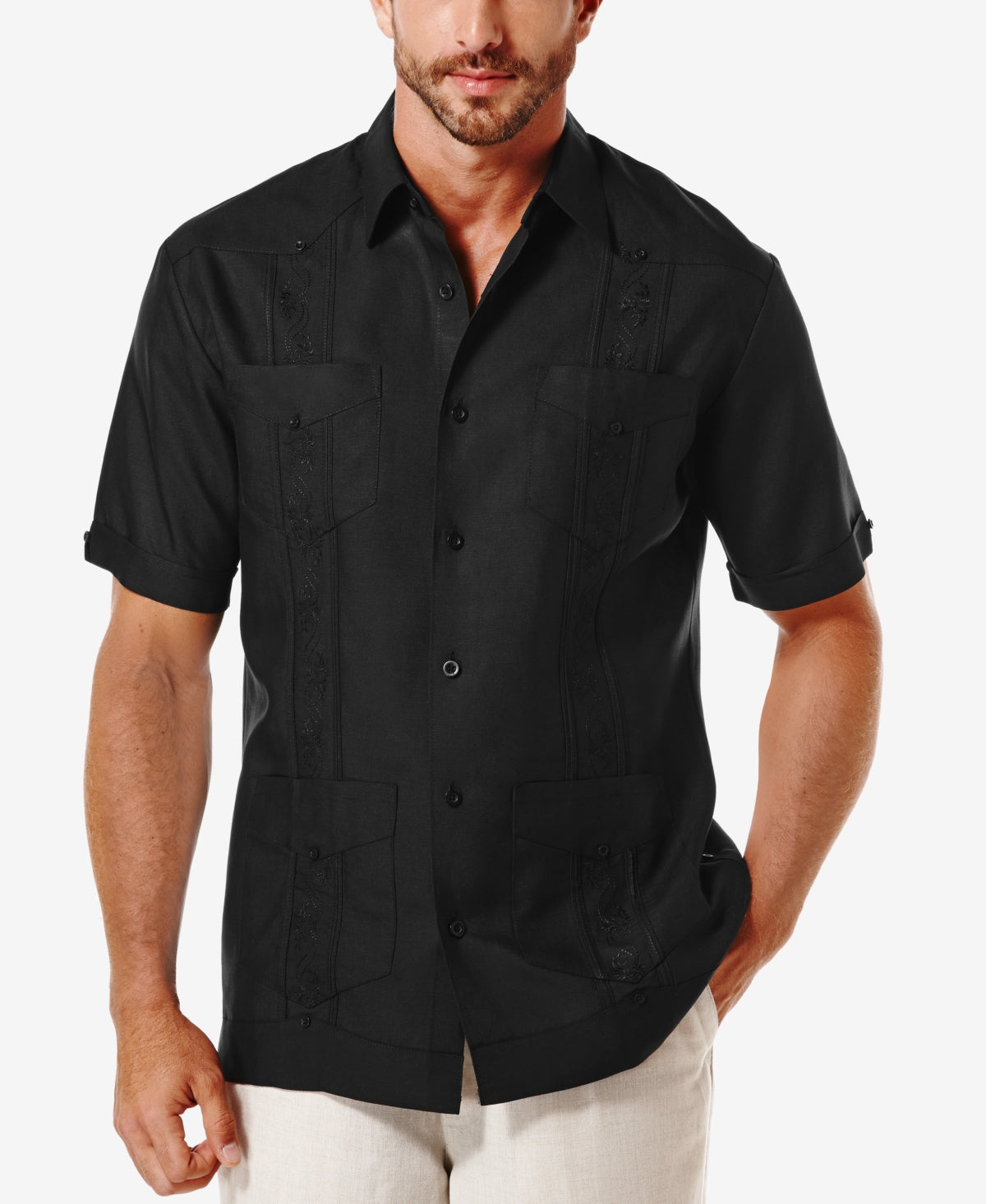 Camisa Guayabera Bordada Manga Curta Masculina Cubavera Preta Tamanho Médio