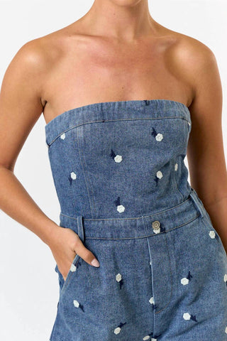 Blue Blush - Floral Embroidered Strapless Romper