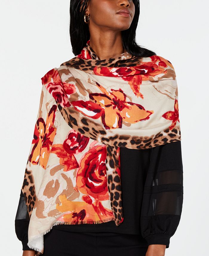 INC International Concepts Pashmina Feminina Leopardo Floral Vermelha Tamanho Regular