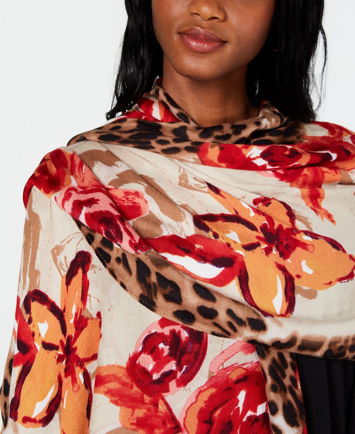 INC International Concepts Pashmina Feminina Leopardo Floral Vermelha Tamanho Regular