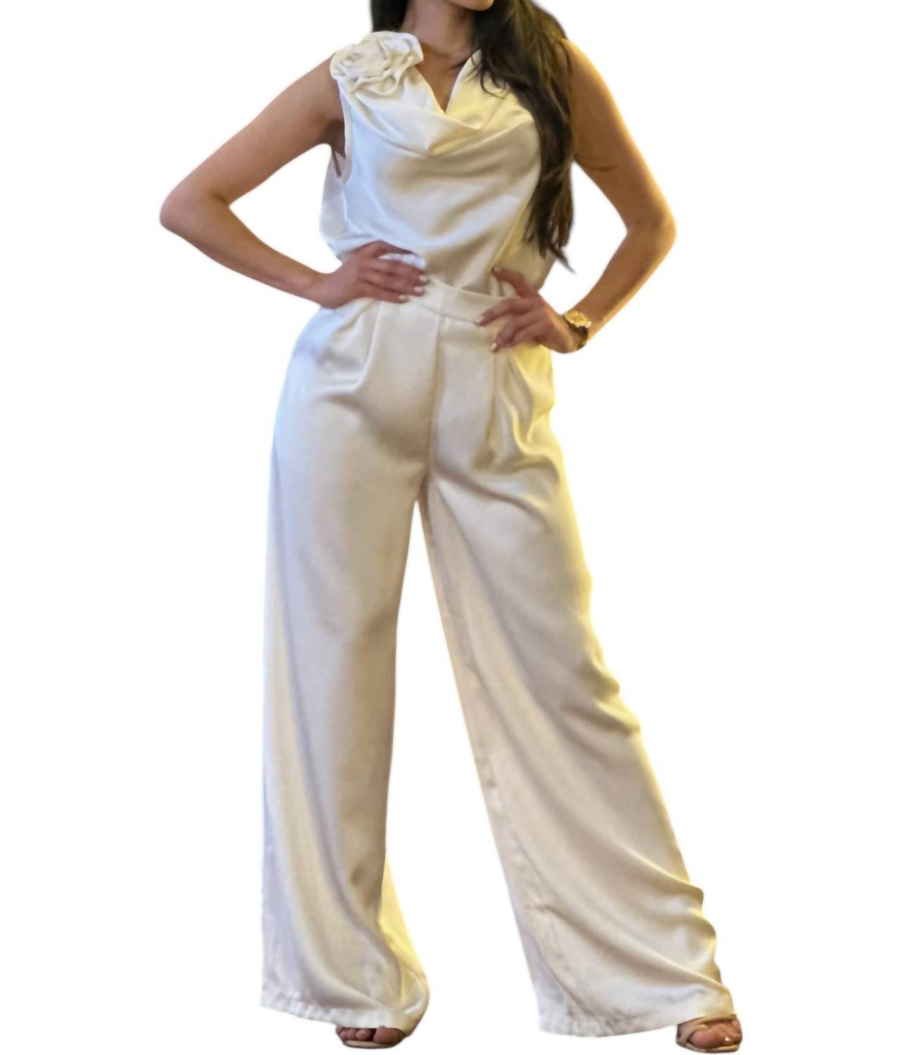 A.C.G. Los Angeles - Satin Wide Leg Pants & Cowl Neck & Flower Sleeveless Top