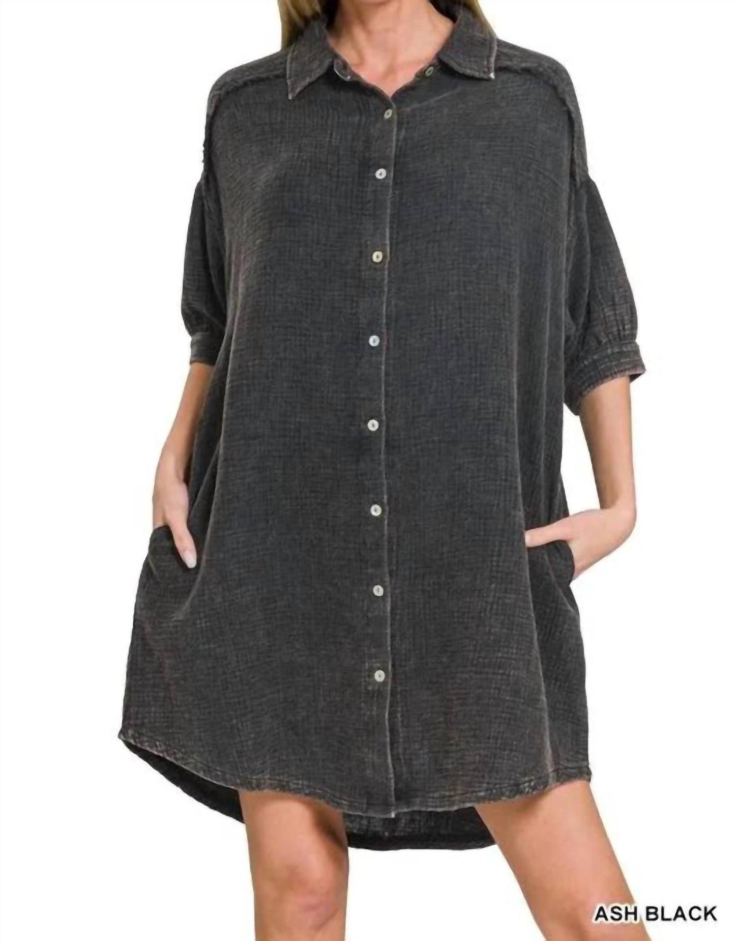 Trendsi - Zenana Washed Double Gauze Button Down Shirt Dress