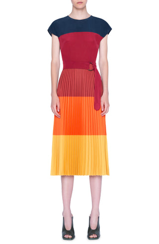 Vestido midi plissado listrado com blocos de cores vermelho Akris Punto feminino, tamanho 8