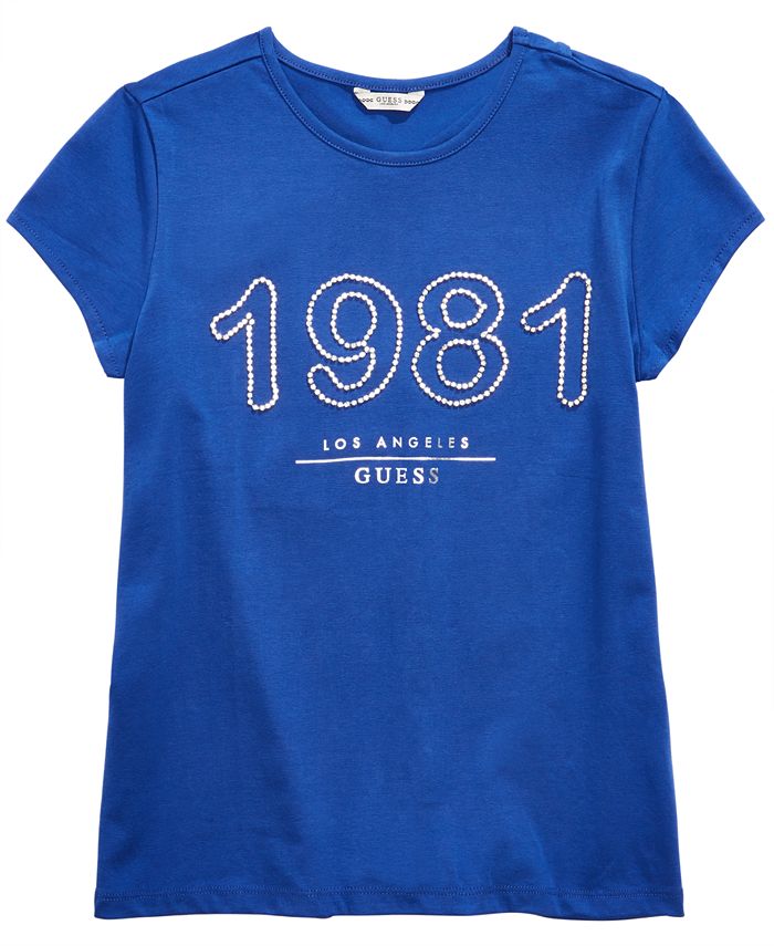 Camiseta GUESS Big Girl's 1981 com strass, azul, tamanho médio