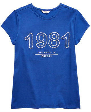 Camiseta GUESS Big Girl's 1981 com strass, azul, tamanho médio