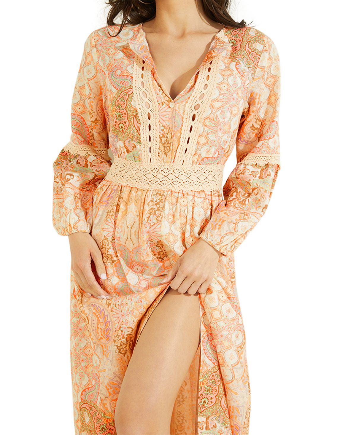 Vestido longo feminino GUESS manga comprida Laurel marrom tamanho pequeno