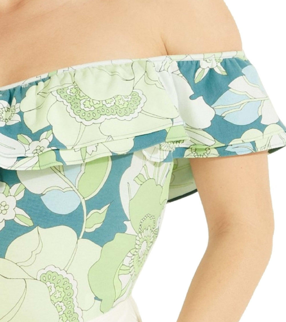 Blusa estampada com babados GUESS Veronika feminina, verde, tamanho médio