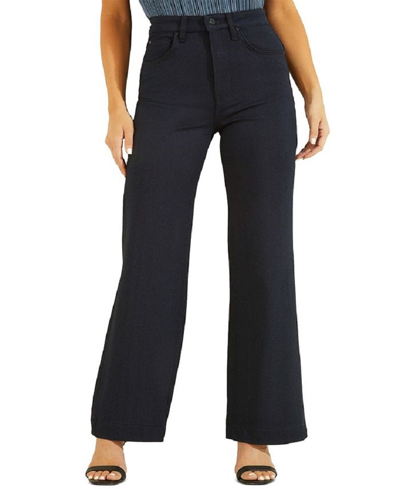Calça jeans feminina estilo palazzo, cintura alta, perna larga, azul, tamanho 25x32