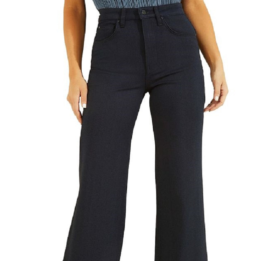 Calça jeans feminina estilo palazzo, cintura alta, perna larga, azul, tamanho 25x32