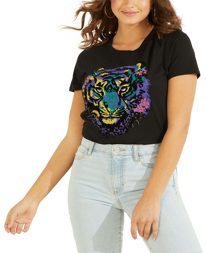 Camiseta feminina GUESS com estampa de tigre, preta, tamanho médio