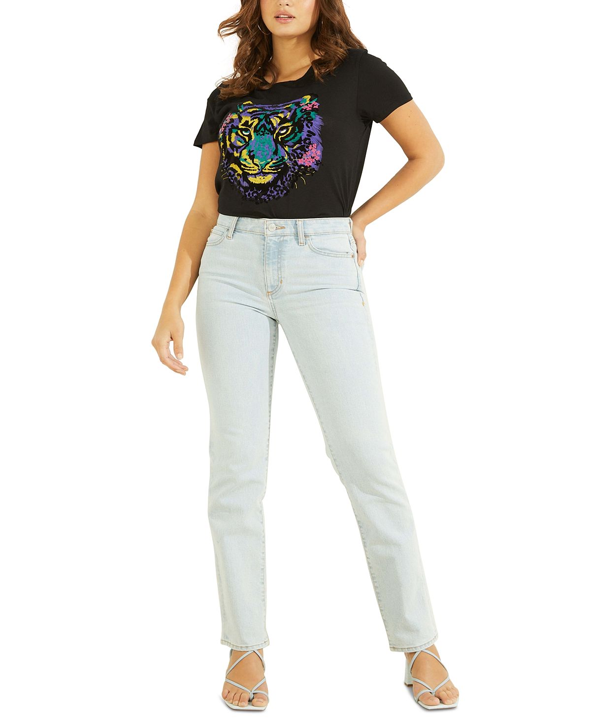 Camiseta feminina GUESS com estampa de tigre, preta, tamanho médio
