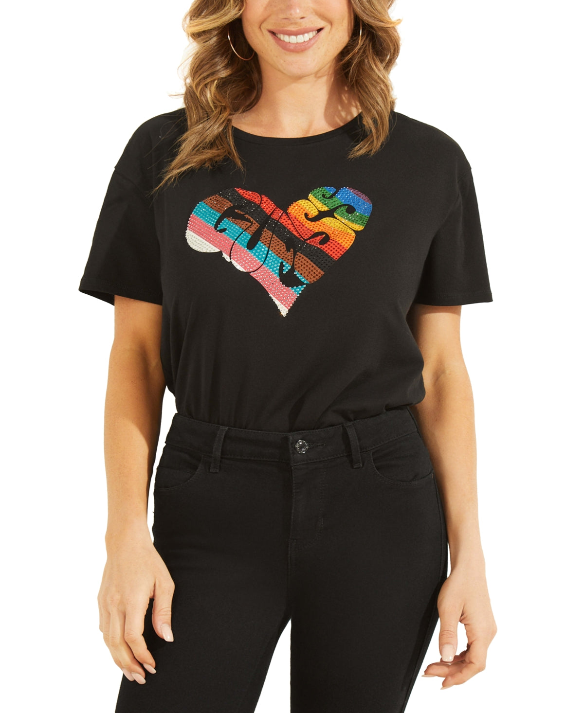Camiseta feminina GUESS de algodão com estampa de arco-íris, preta, tamanho X-S