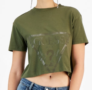 Camiseta feminina GUESS Adele Cropped com decote redondo e manga curta com logotipo, verde, tamanho pequeno