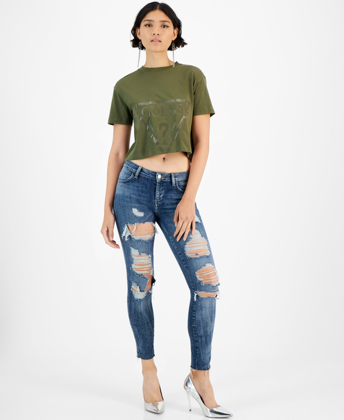 Camiseta feminina GUESS Adele Cropped com decote redondo e manga curta com logotipo, verde, tamanho pequeno