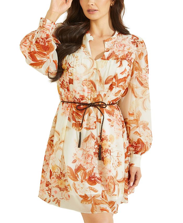 Vestido GUESS Feminino Morgane Floral Print com Cinto em Chiffon Branco Tamanho Médio