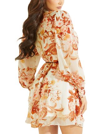 Vestido GUESS Feminino Morgane Floral Print com Cinto em Chiffon Branco Tamanho Médio