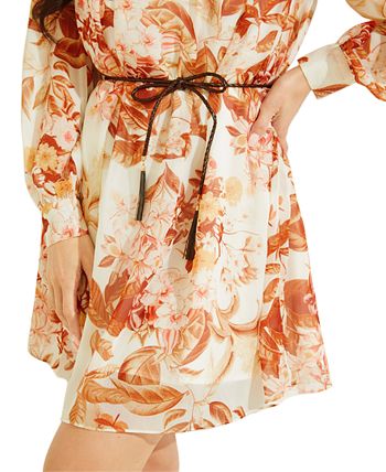 Vestido GUESS Feminino Morgane Floral Print com Cinto em Chiffon Branco Tamanho Médio