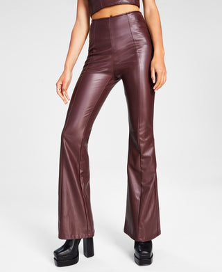 Calça feminina GUESS Sabella Flared Leg Couro sintético Cintura alta Marrom Tamanho 24