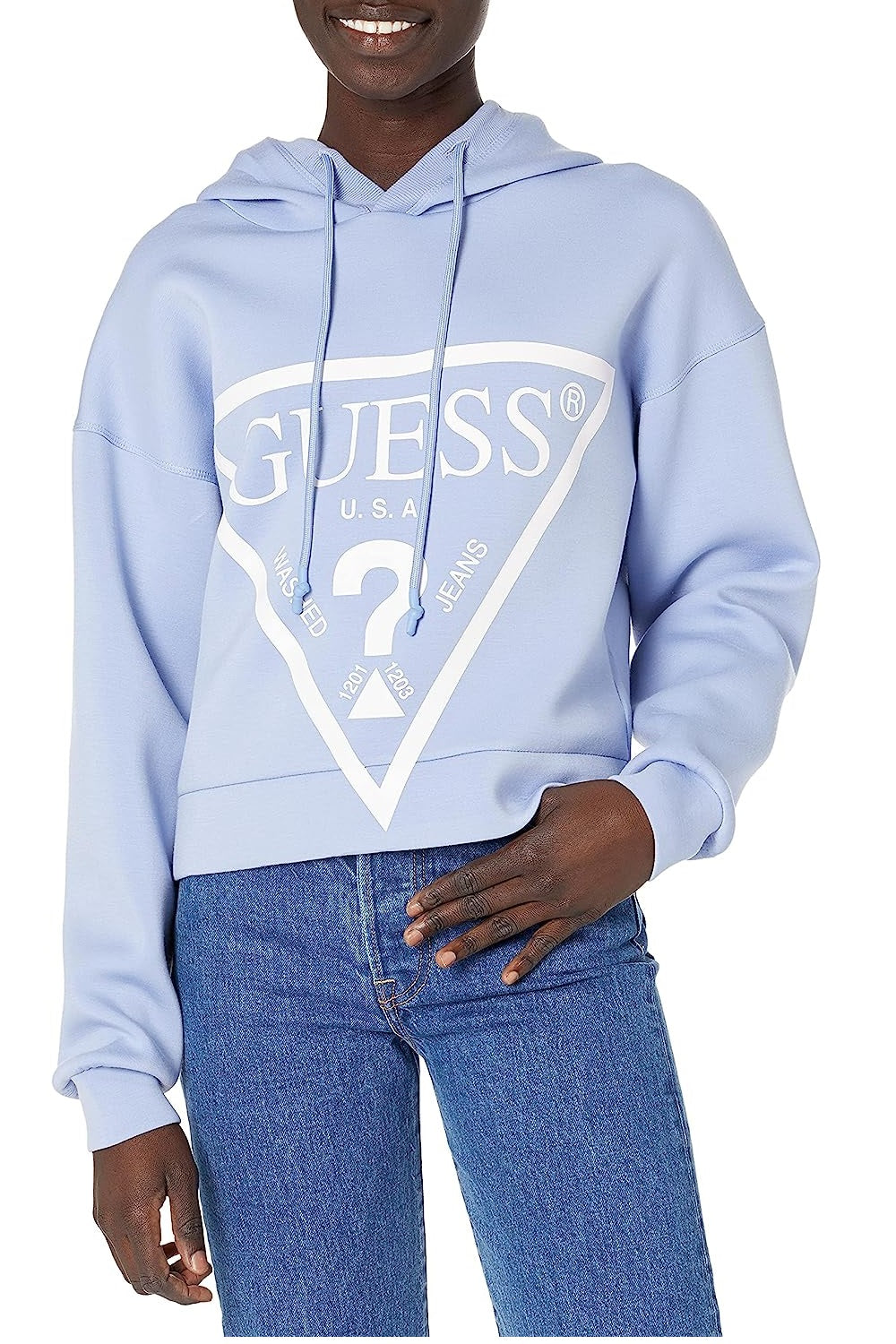 GUESS Moletom com capuz feminino com estampa gráfica roxa tamanho grande