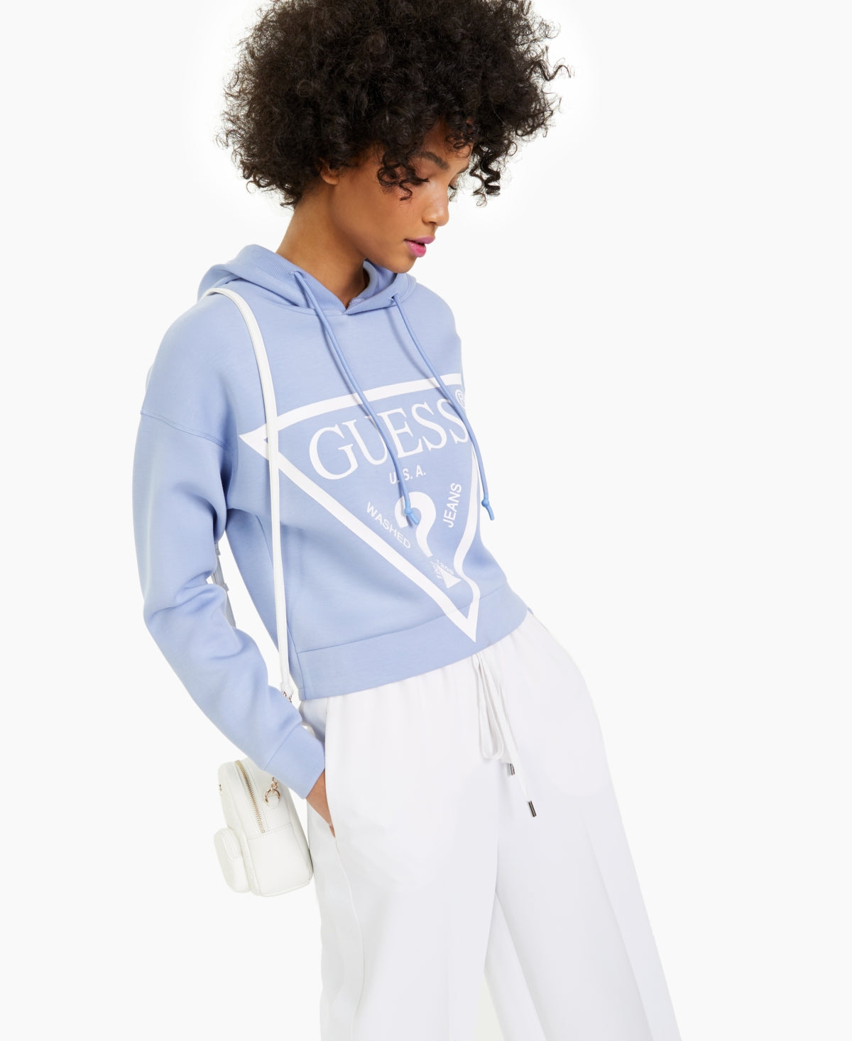 GUESS Moletom com capuz feminino com estampa gráfica roxa tamanho grande