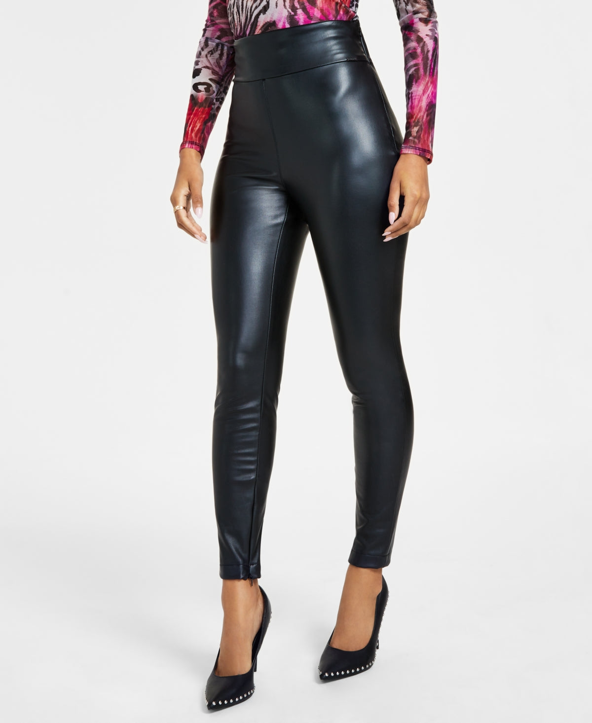 Leggings GUESS Priscilla de couro sintético feminino, preta, tamanho grande