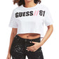 Camiseta curta feminina GUESS Clarissa Cotton com logo gráfico, branca, tamanho X-G