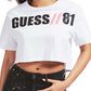 Camiseta curta feminina GUESS Clarissa Cotton com logo gráfico, branca, tamanho X-G