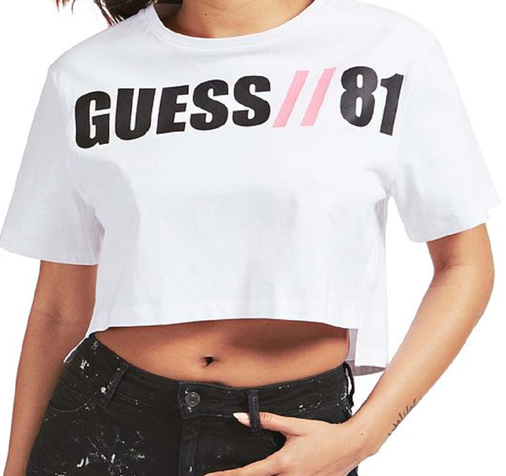 Camiseta curta feminina GUESS Clarissa Cotton com logo gráfico, branca, tamanho X-G