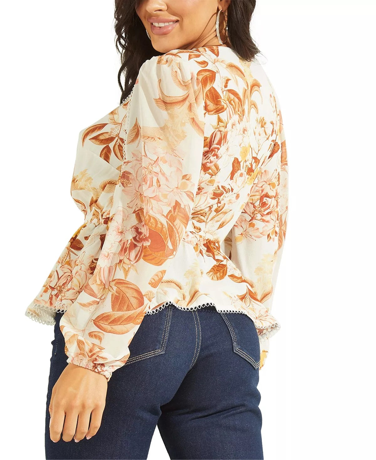 Blusa feminina GUESS Hera com estampa de manga balão e decote em V, branca, tamanho X-G