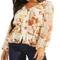 Blusa feminina GUESS Hera com estampa de manga balão e decote em V, branca, tamanho X-G