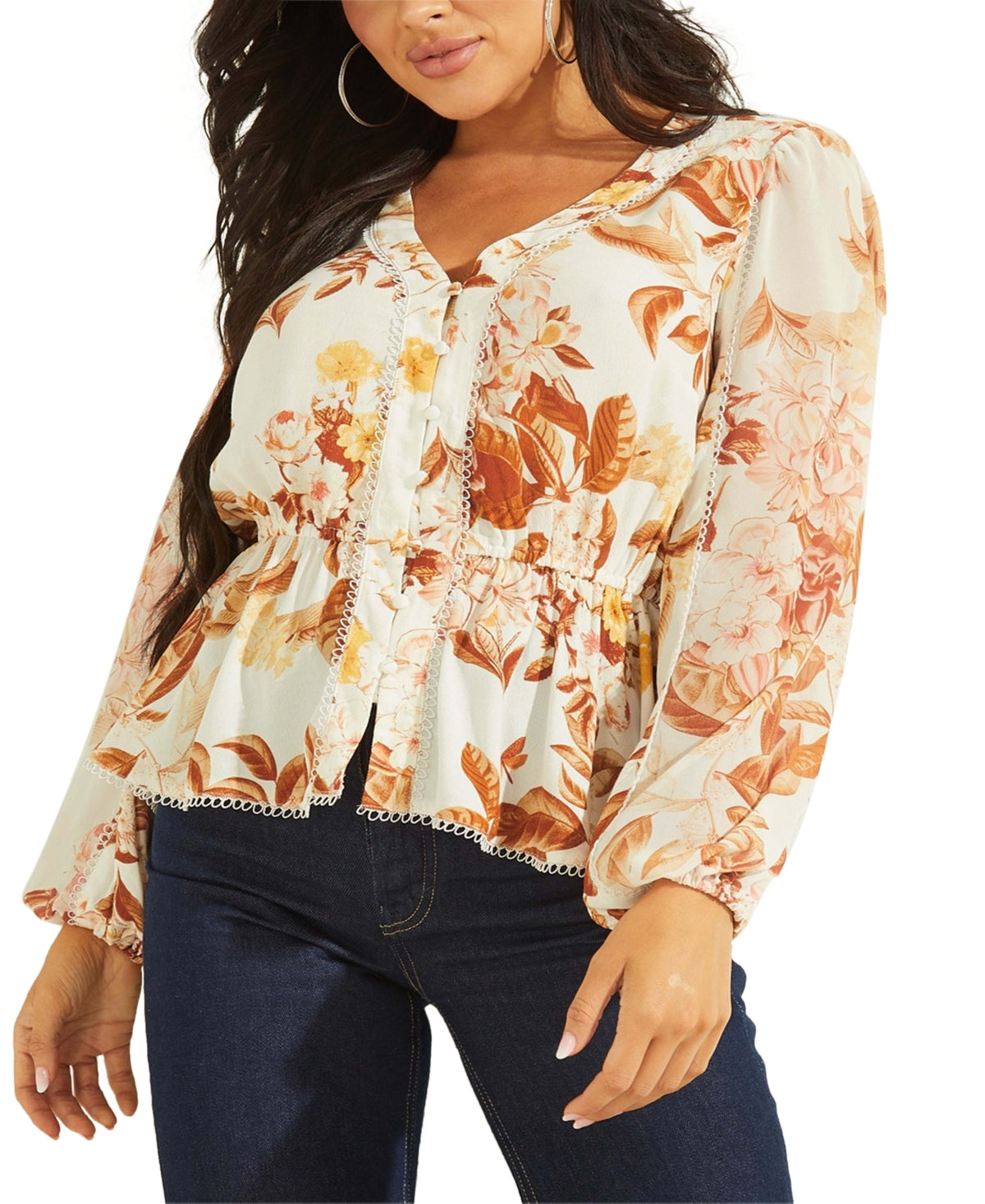 Blusa feminina GUESS Hera com estampa de manga balão e decote em V, branca, tamanho X-G