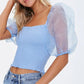 Blusa feminina GUESS com manga bufante e franzida, azul, tamanho médio
