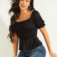 Blusa feminina GUESS Riza com manga bufante e franzida, preta, tamanho médio