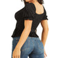 Blusa feminina GUESS Riza Smocked de manga curta, preta, tamanho X-G