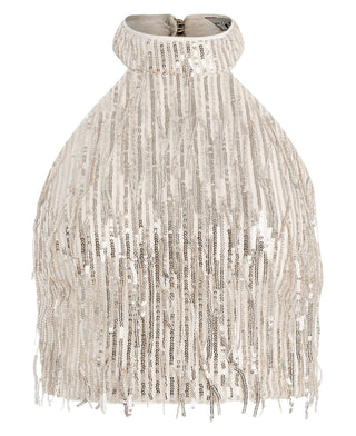 GUESS Women's Sequin Fringe Halter Crop Top Gold Size L