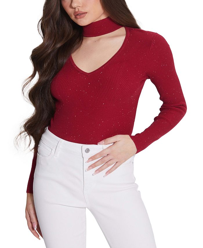 Suéter feminino GUESS Lea Cutout com lantejoulas e manga 3/4 canelada, vermelho, tamanho pequeno