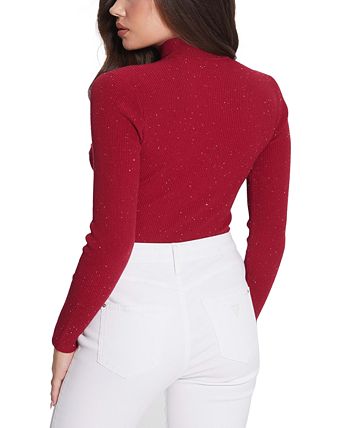 Suéter feminino GUESS Lea Cutout com lantejoulas e manga 3/4 canelada, vermelho, tamanho pequeno