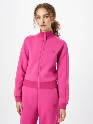 GUESS Moletom feminino com zíper e logo Allie, roxo, tamanho pequeno