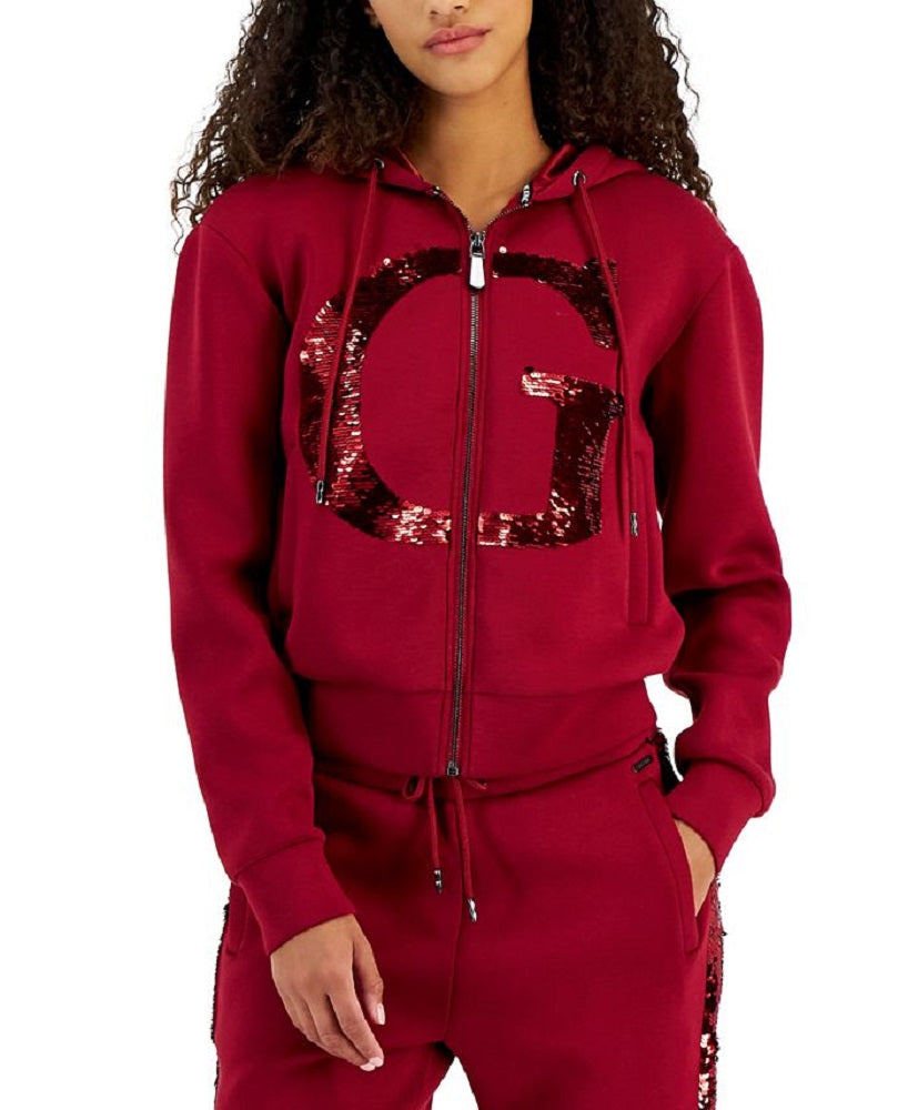 GUESS Daphne Embellished Zip Front Hoodie Sweatshirt Jacket Vermelho Tamanho Grande